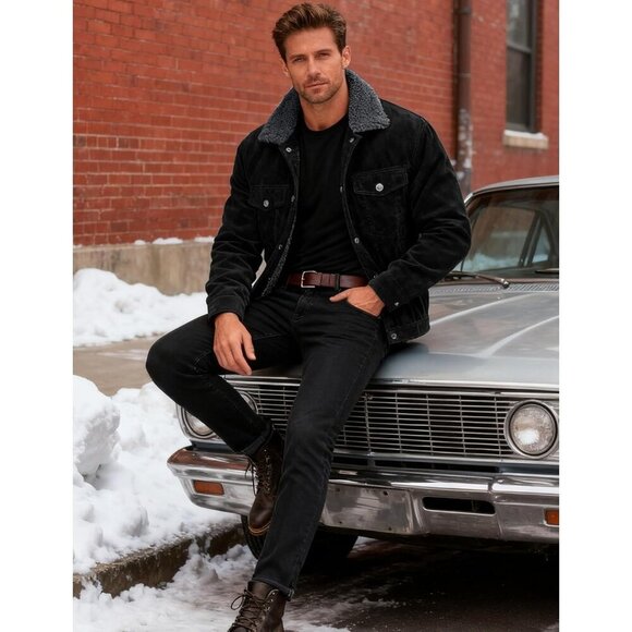 Mens Dark Grey Corduroy Jacket Sherpa Lined Warm Winter Trucker Cargo Coat - Picture 4 of 7